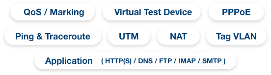 QoS / marking、Virtual Test Device、PPPoE、Ping & Traceroute、UTM、NAT、Tag VLAN、Application( HTTP(S) / DNS / FTP / IMAP / SMTP )